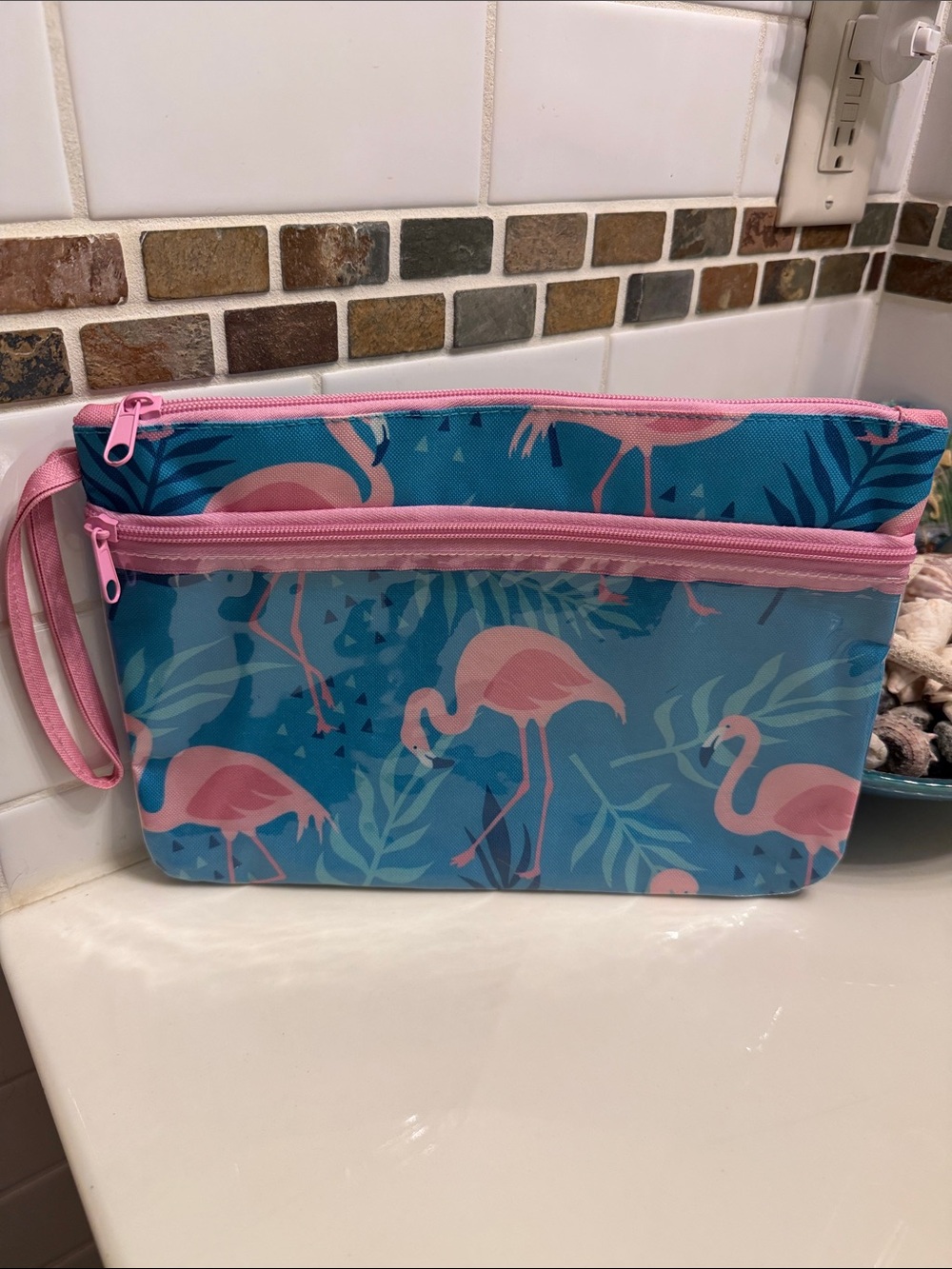 Pink Flamingo Print Waterproof Pouch - Blue & Pink